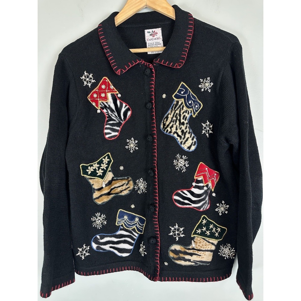 NutCracker Full Button Up Christmas Stockings Sweater Beaded M Leopard Holiday
